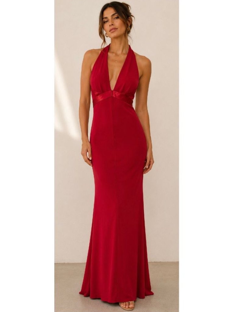 Bcbgmaxazria Red Halter Maxi Gown Open Back Stretch Dress Small